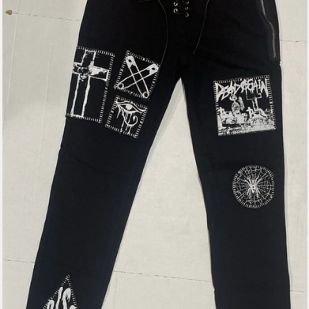 Current Mood Stitch Lace-Up Patch Jeans Sz S Black Graphics Skinny NWT